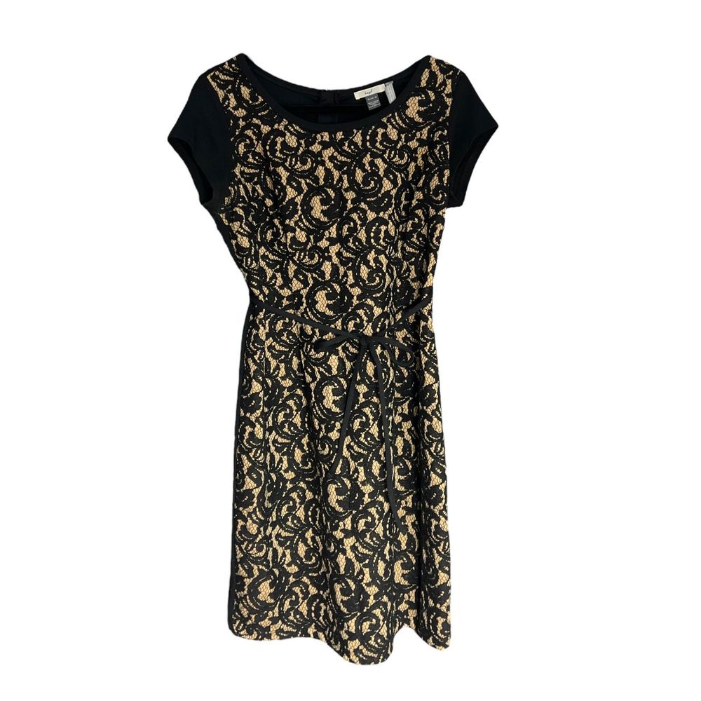 Hazel Women's Black Nude Lace Overlay Short Sleeve Sheath Dress Size M Back Zip